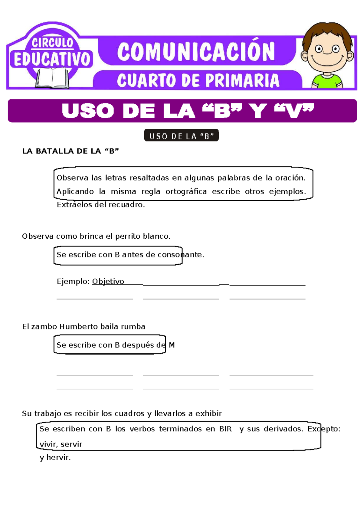 Uso de la B y V: Ejercicios y Ejemplos para 4to de Primaria - Studocu