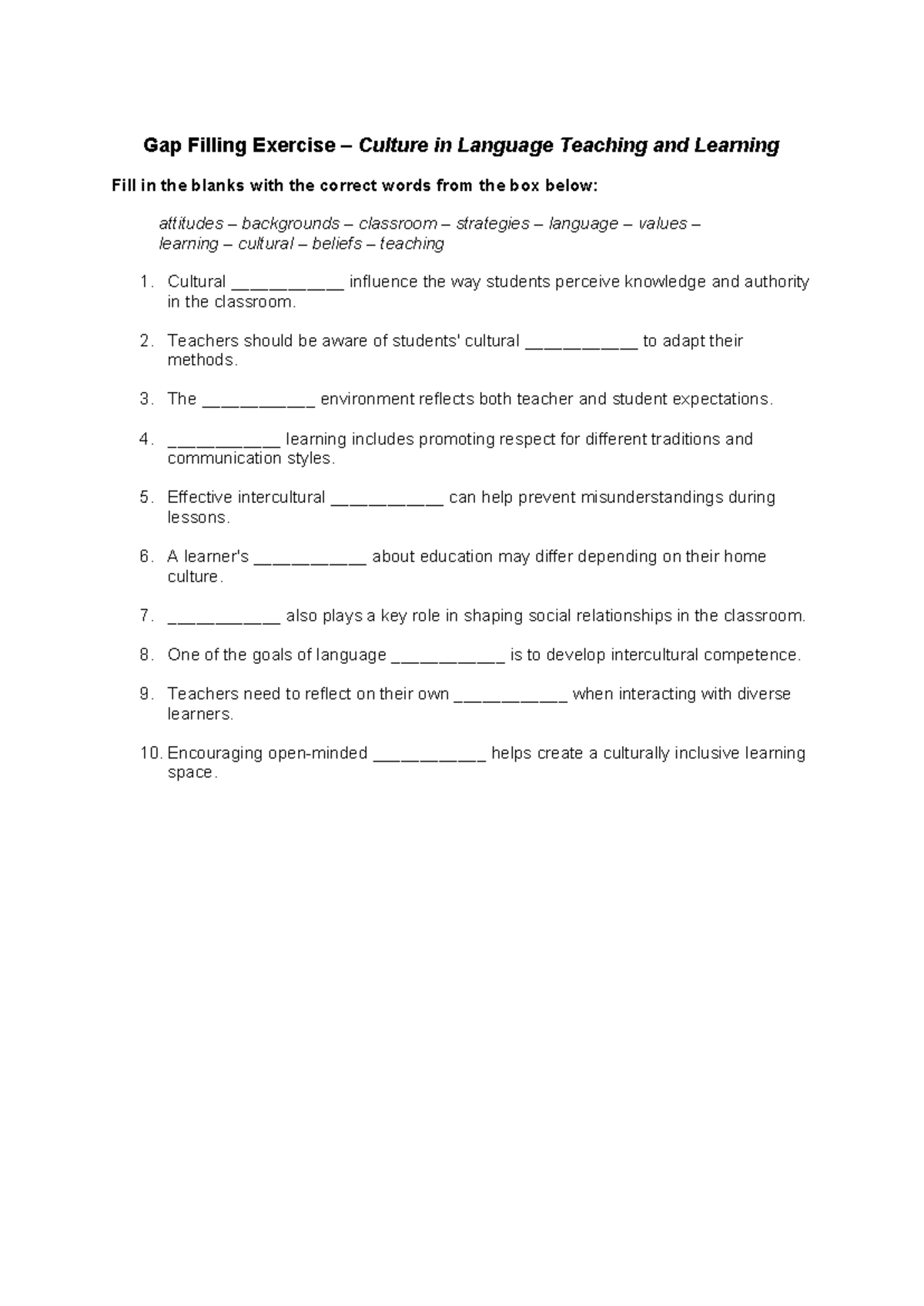 Gap Filling Exercise: Culture in Language Teaching and Learning - Studocu