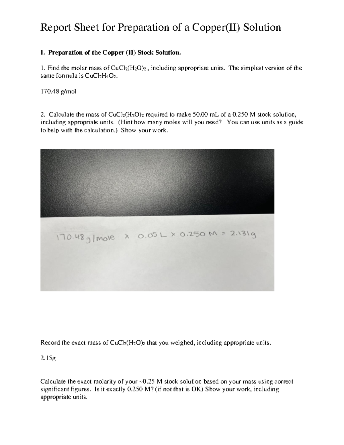 HA Copper Lab: Preparation and Analysis of Copper(II) Solutions - Studocu