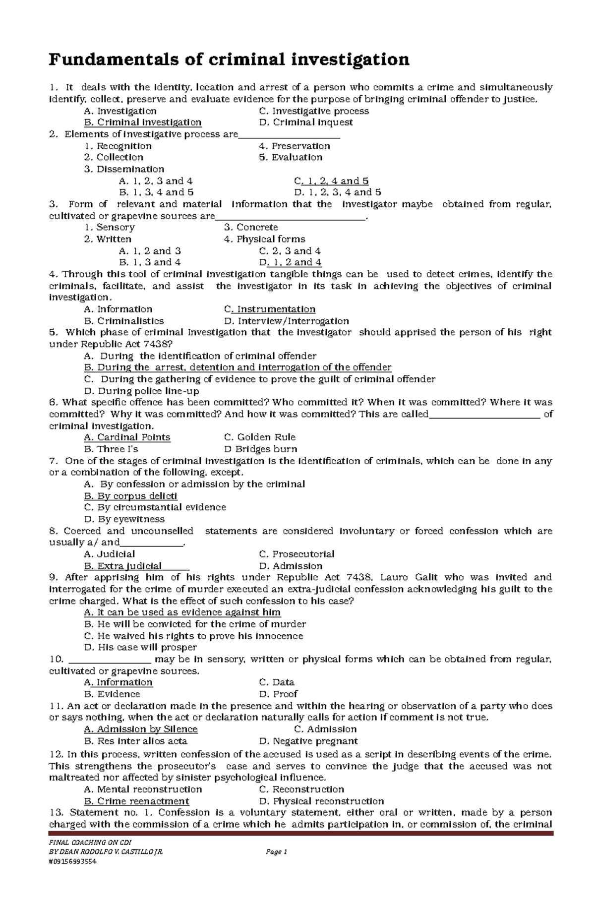 2016 CDI Final Exam Review: Core Concepts of Criminal Investigation ...