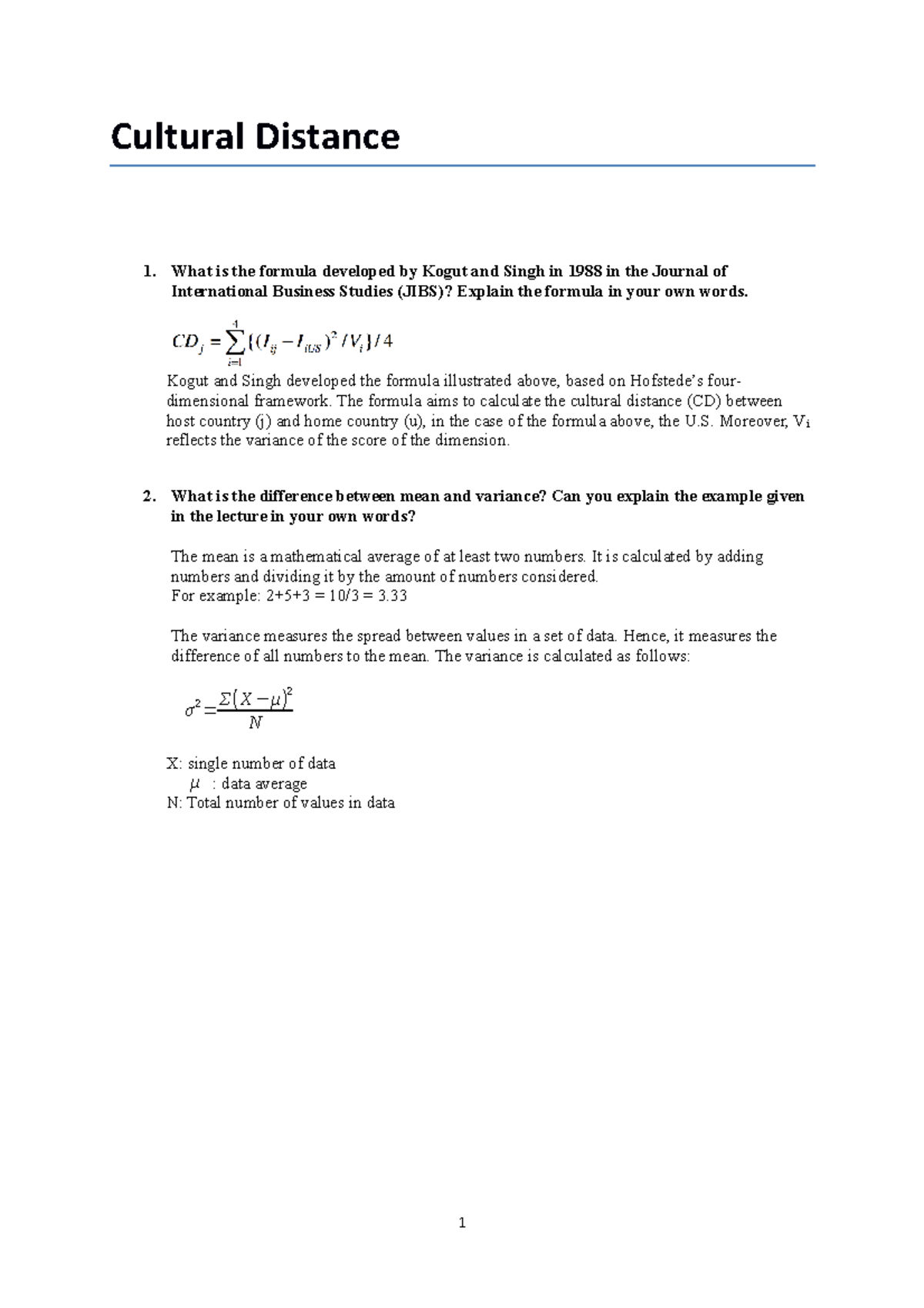 Cultural Distance Analysis Assignment - Grade 9 Insights - Studeersnel