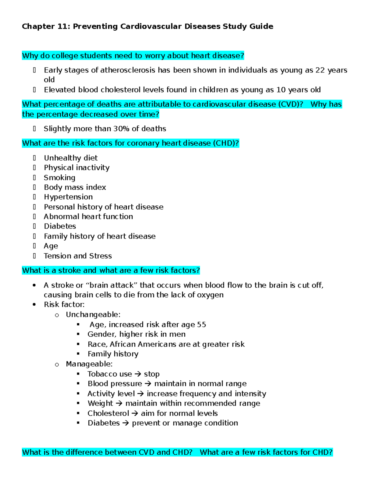 Chapter 11 Study Guide: Preventing Cardiovascular Diseases - Studocu