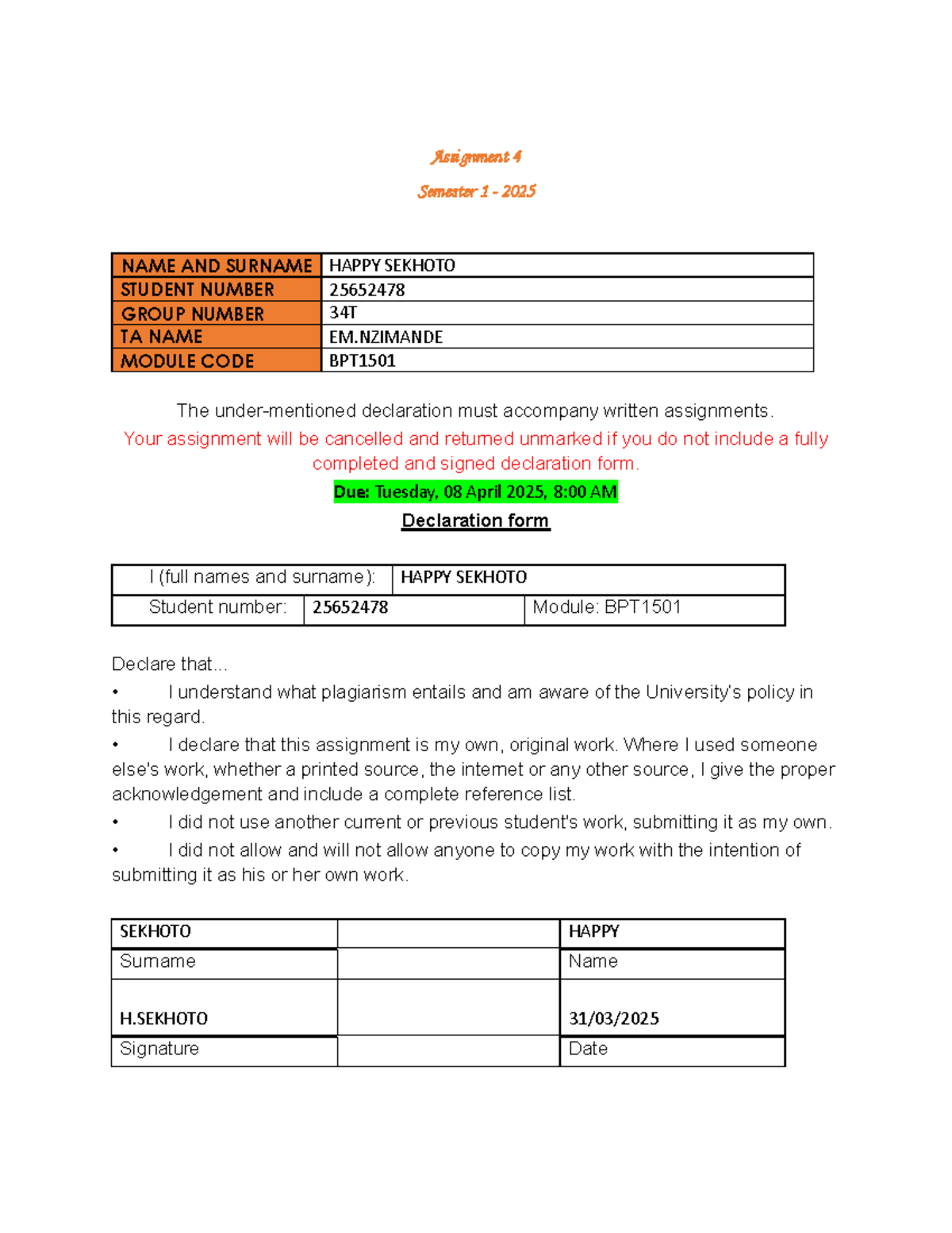 BPT1501 - Assignment 4 Answers for Semester 1 2025 - Studocu