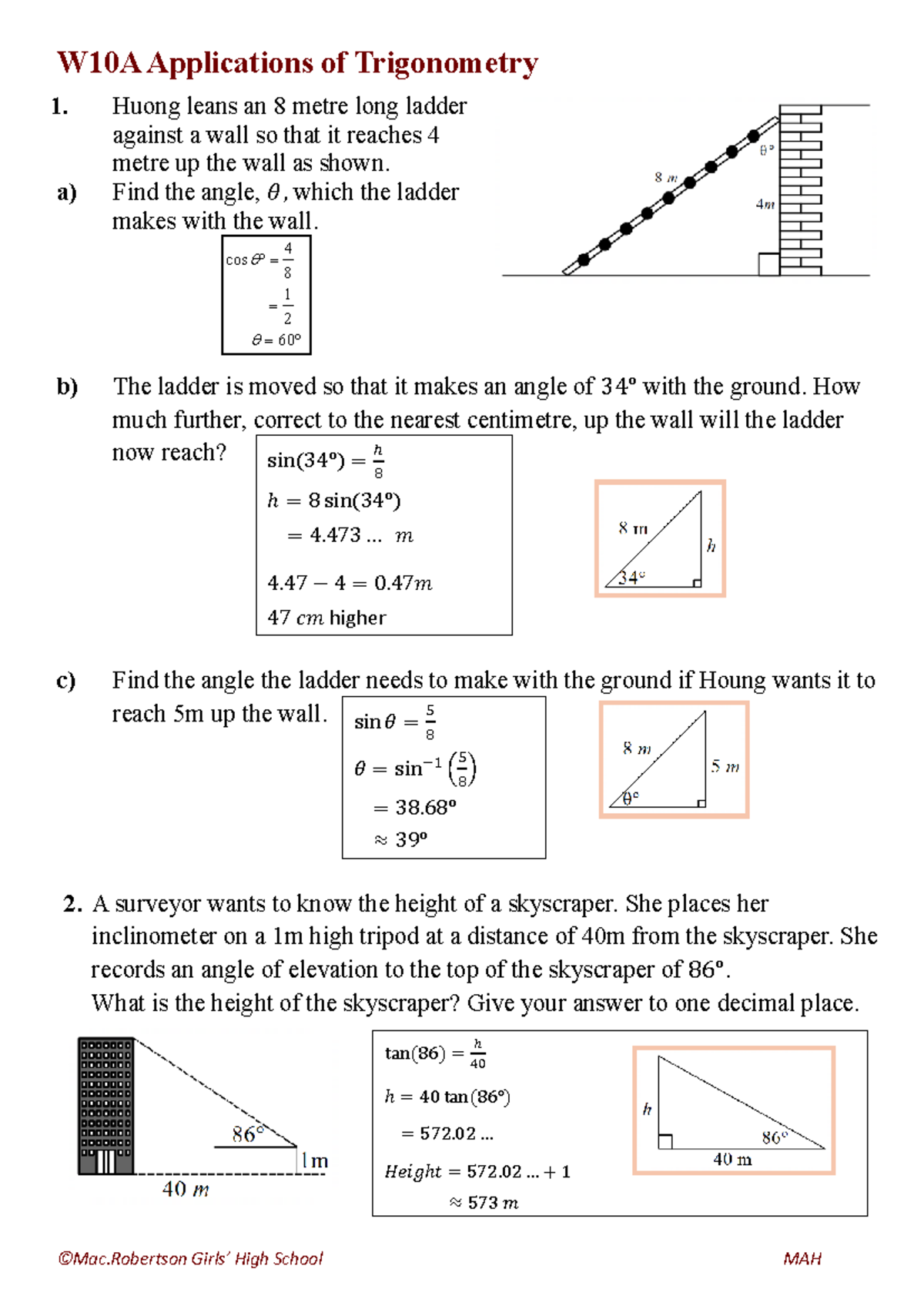 9Ma W10A Applications of Trigonometry Solutions and Examples - Studocu