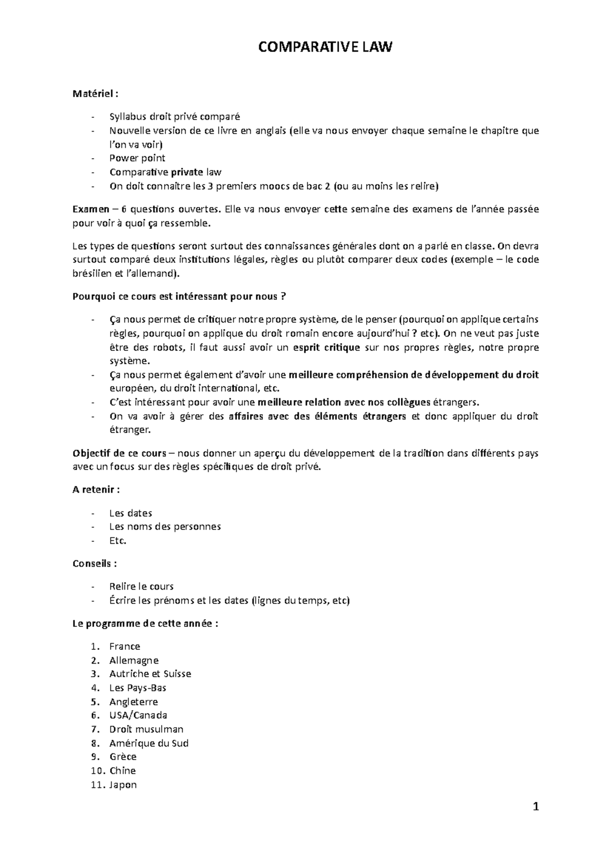 Comparative Law (Droit Privé Comparé) - Notes de Cours et Examen - Studocu