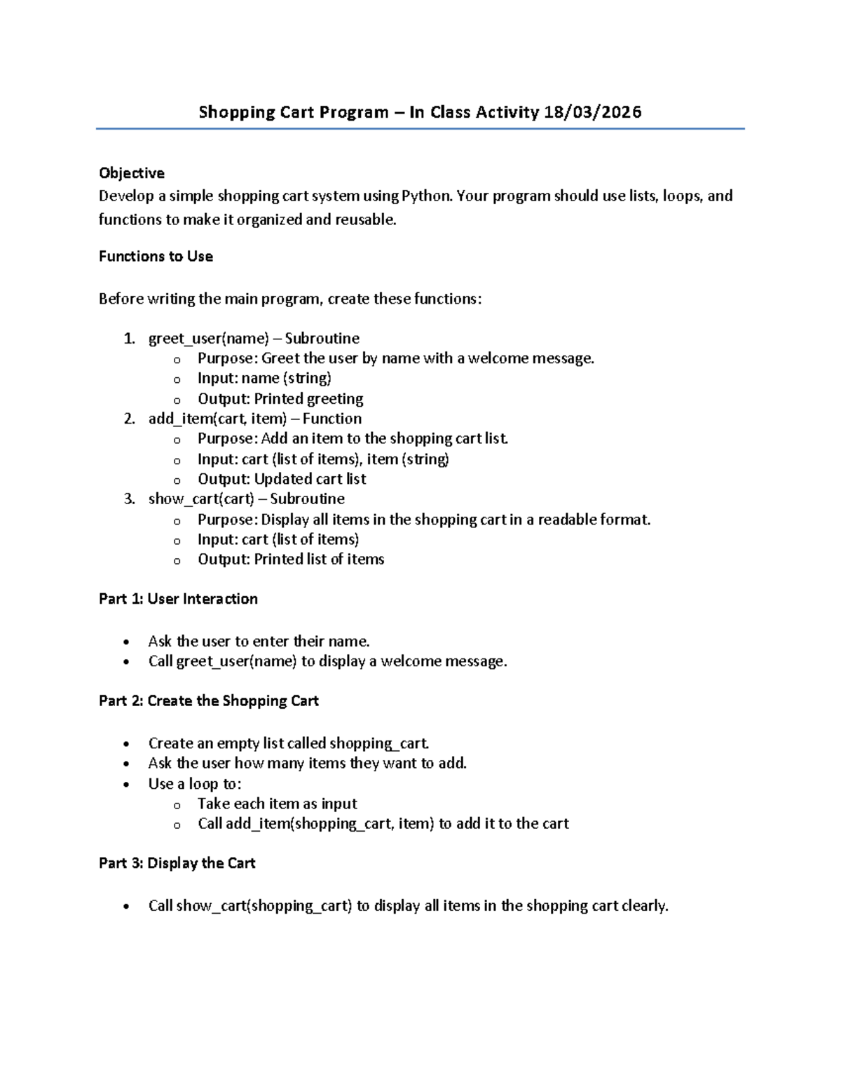 Python Shopping Cart Program In-Class Activity Assignment - Studocu
