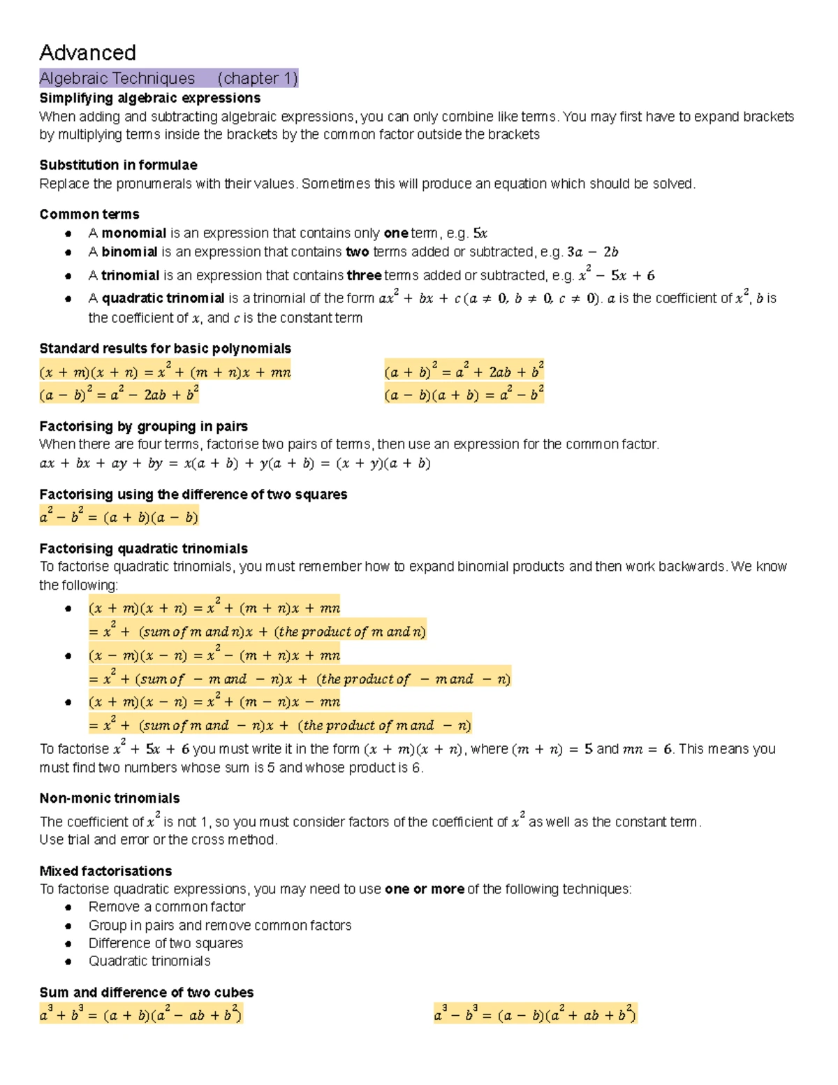Y 11 Maths Advanced Summary Notes: Functions, Trigonometry & Calculus ...