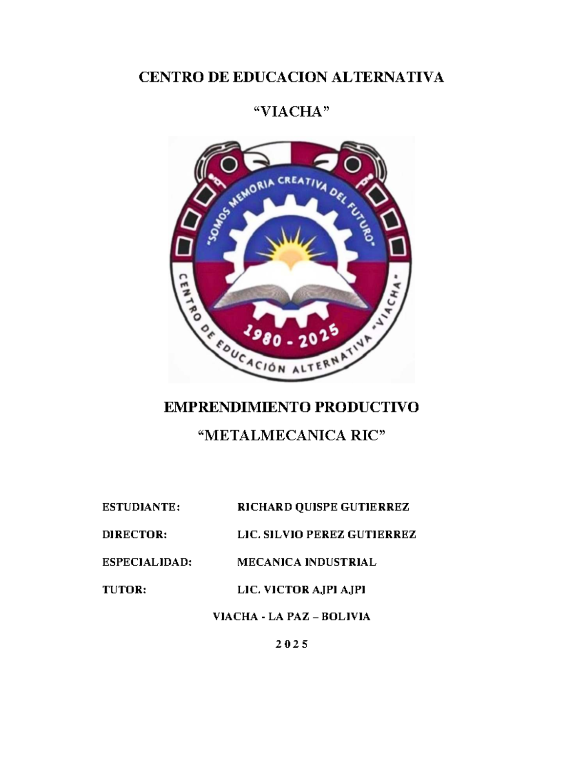 Taller Metal Mecánico Ric: Proyecto de Emprendimiento Productivo 2025 - Document Preview