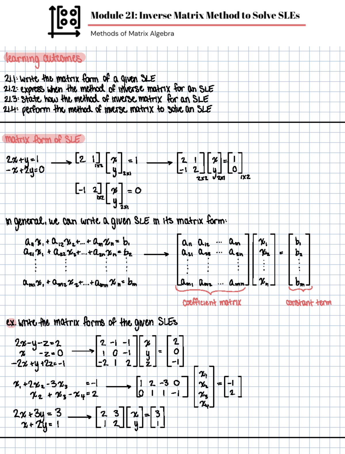 Module 21: Inverse Matrix Method for Solving SLEs Notes - Studocu