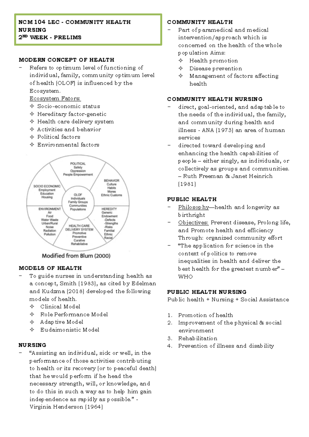 NCM 104 LEC - Community Health Nursing: Week 2 Prelims Overview - Studocu