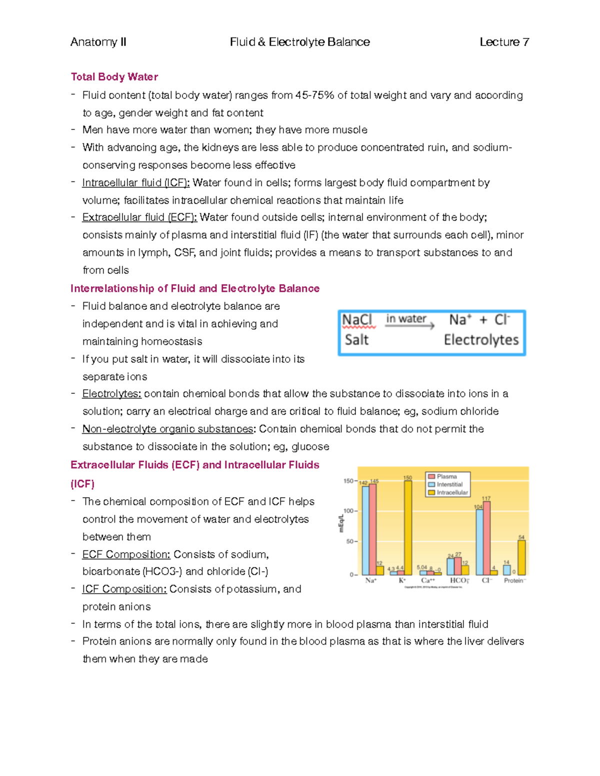 Anatomy II; Lecture 7; Fluid and Electrolyte Balance (PDF) - Total Body ...
