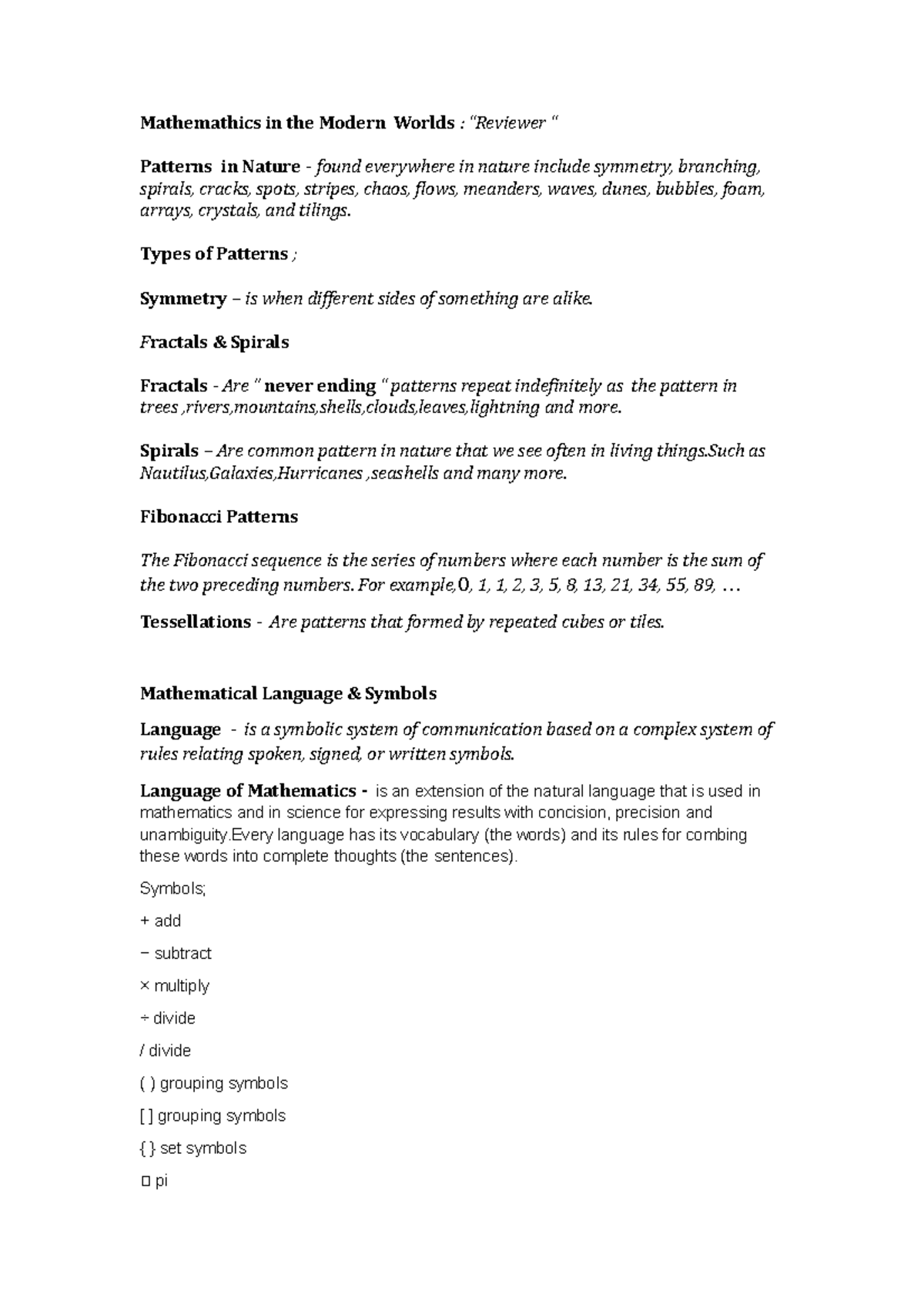 Math-Reviewer: Patterns, Fractals, Fibonacci & Mathematical Language ...