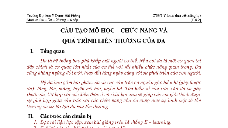 HDHT Mô Học Da và Phụ Thuộc Da - CTĐT Y Khoa - Studocu