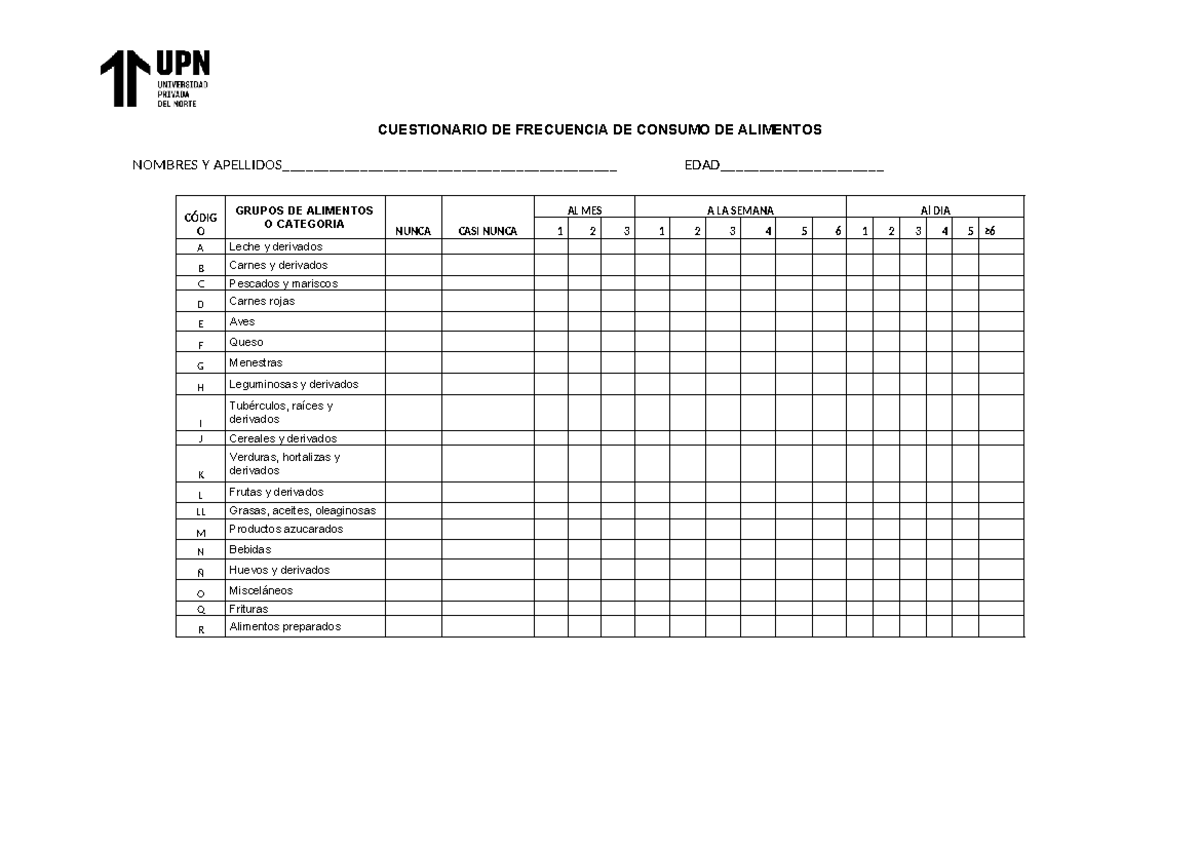 Cuestionario DE Frecuencia DE Consumo DE Alimentos (F) - CUESTIONARIO