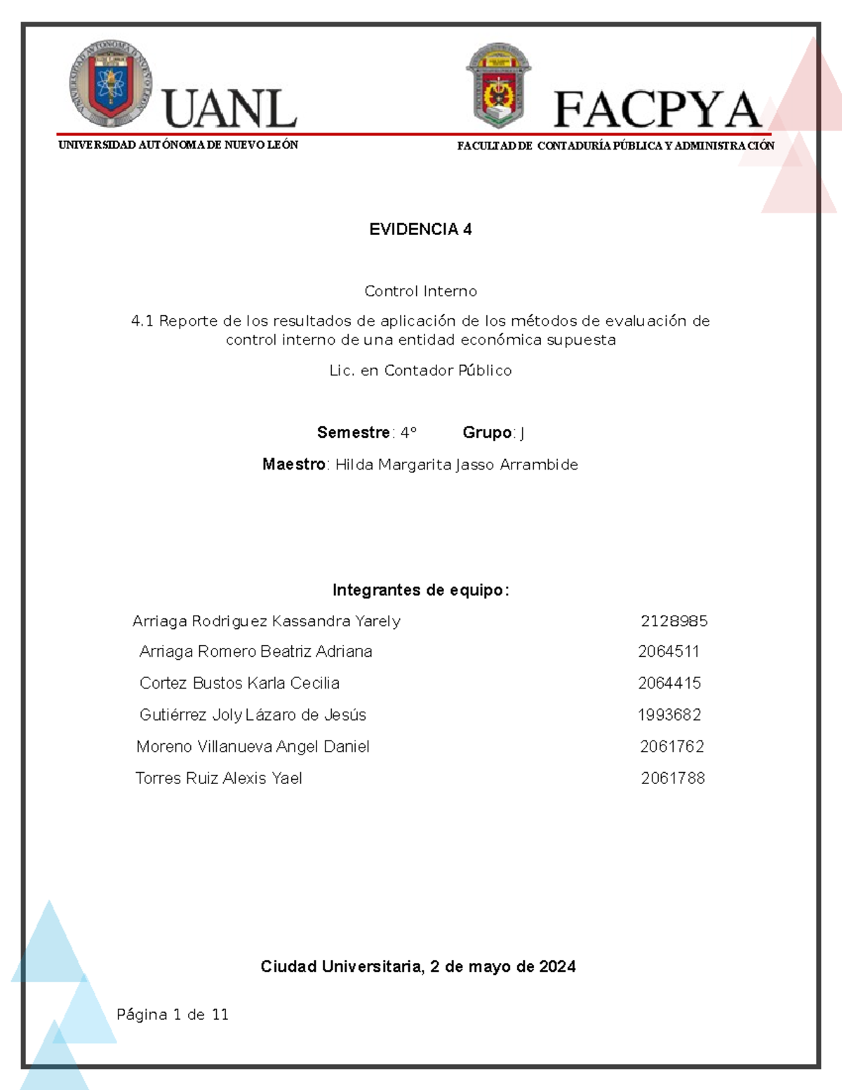 4.1 - Informe de Métodos para Evaluar Control Interno en Almacén - Studocu