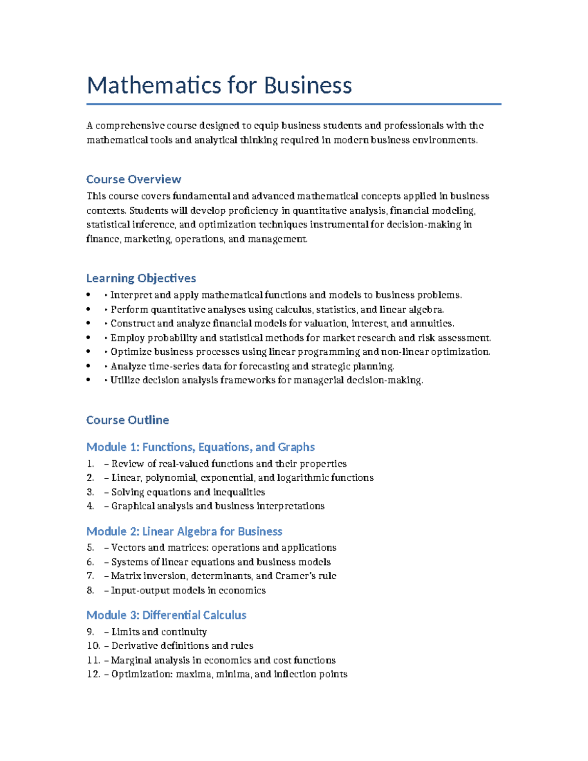 Math for Business: Comprehensive Course Overview and Learning ...