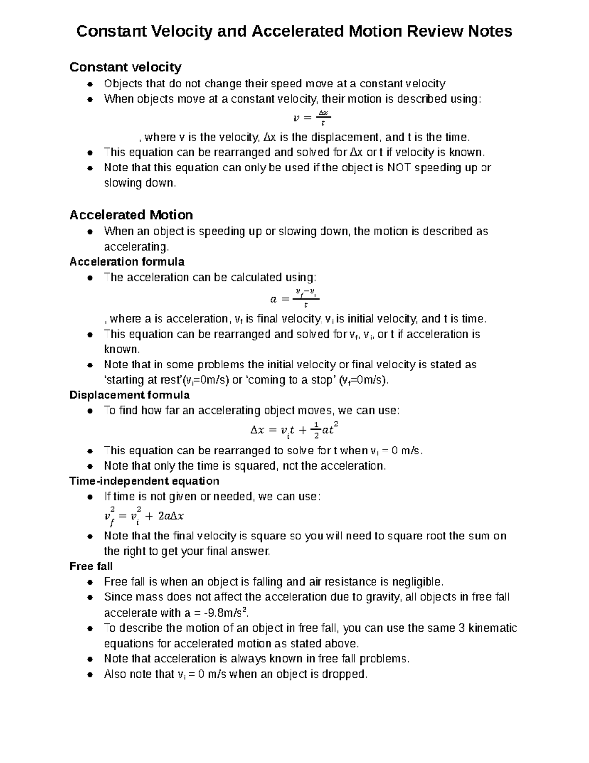 Constant Velocity and Accelerated Motion Review Notes - Studocu