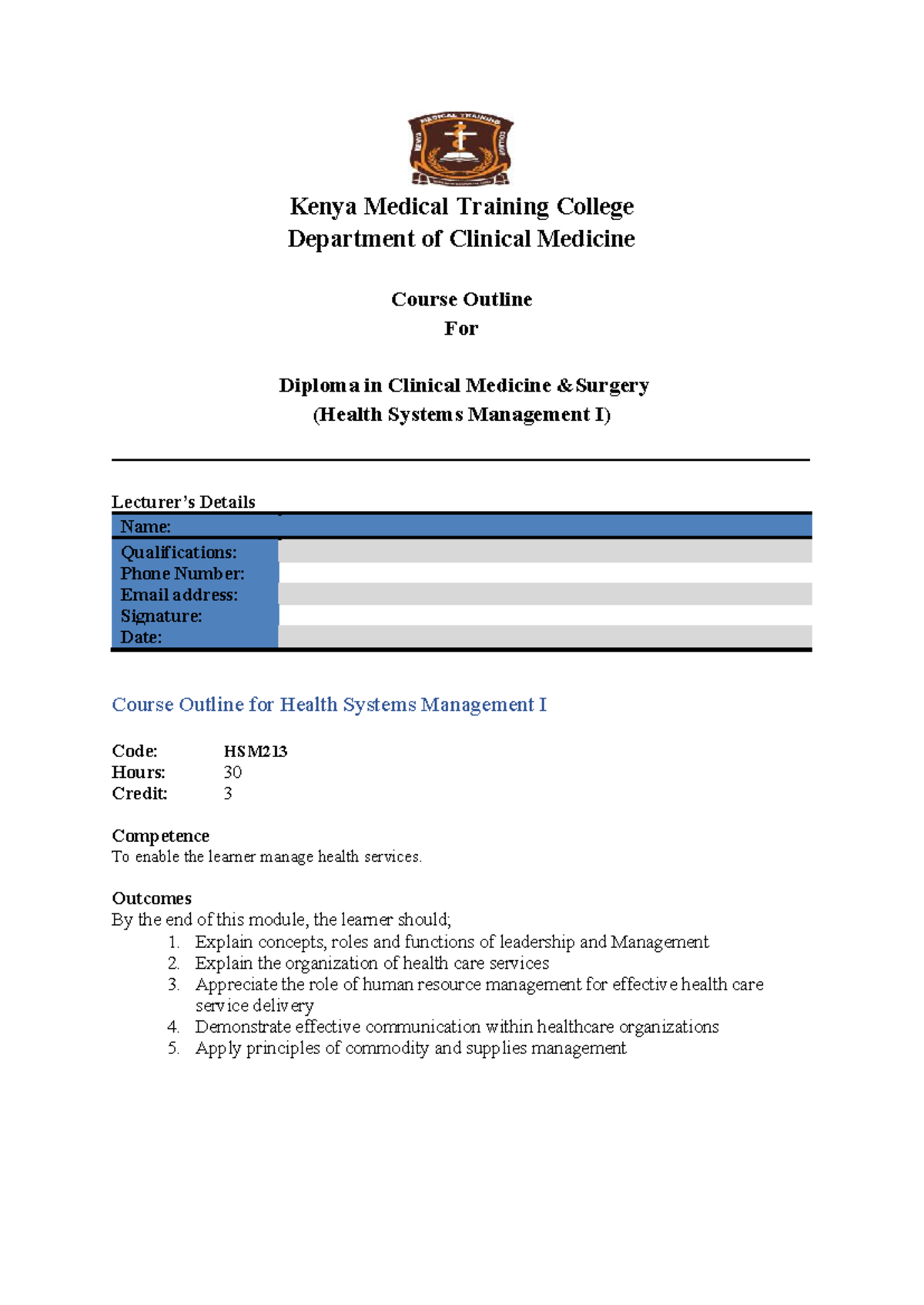 CMS 2.1 Outline - Summary Clinical science - Kenya Medical Training ...