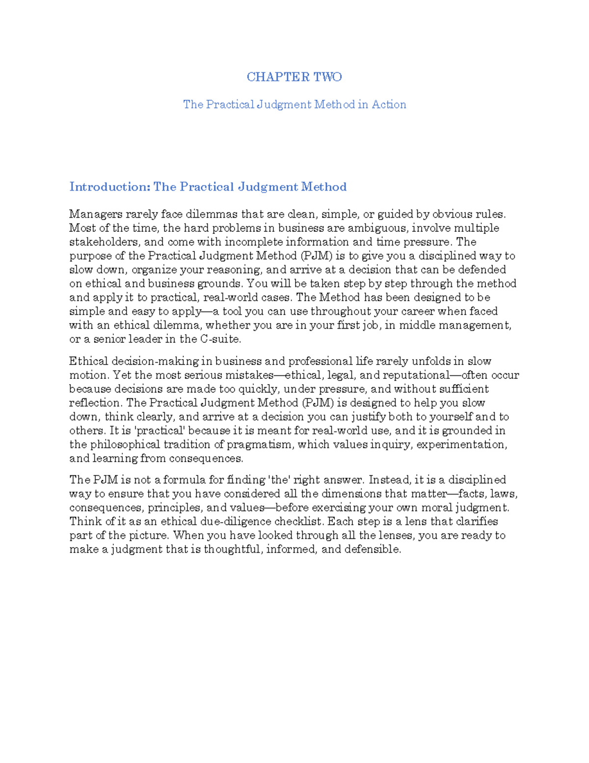 CHAPTER 2: The Practical Judgment Method in Business Ethics - Studocu