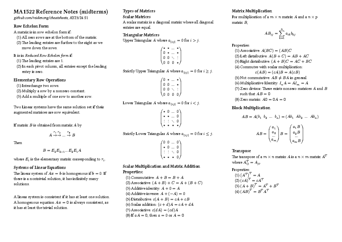 MA1522 Midterm Reference Notes on Row Echelon Form and Matrices - Studocu