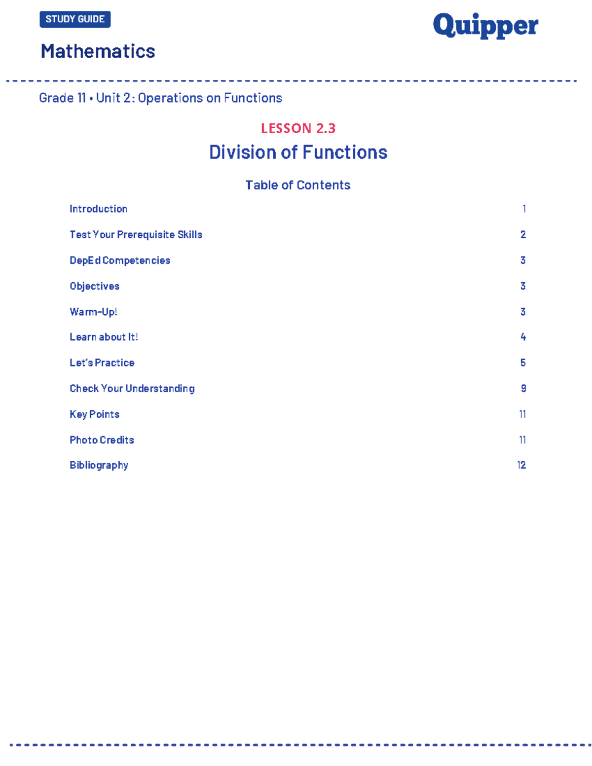 Mathematics Grade 11 Unit 2: Operations on Functions - Lesson 2.3 ...