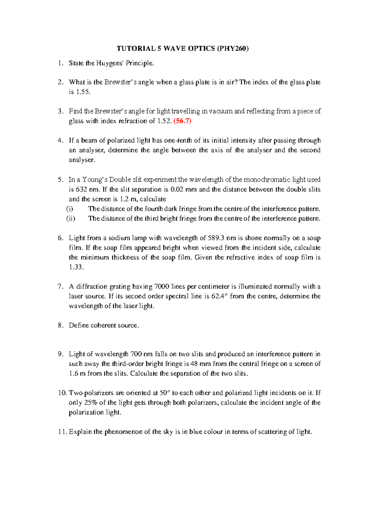 Wave Optics Tutorial 5 - PHY260 - 2024 Study Guide - Studocu
