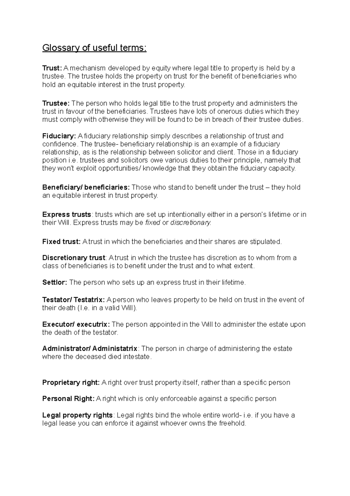 Glossary of Key Trust & Equity Terms for Law 101 Students - Studocu