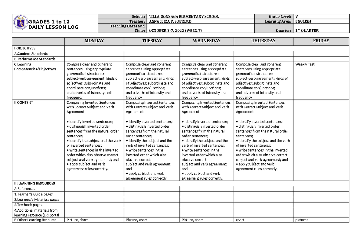 DLL English 5 Q1 W7 - Practice only - GRADES 1 to 12 DAILY LESSON LOG ...