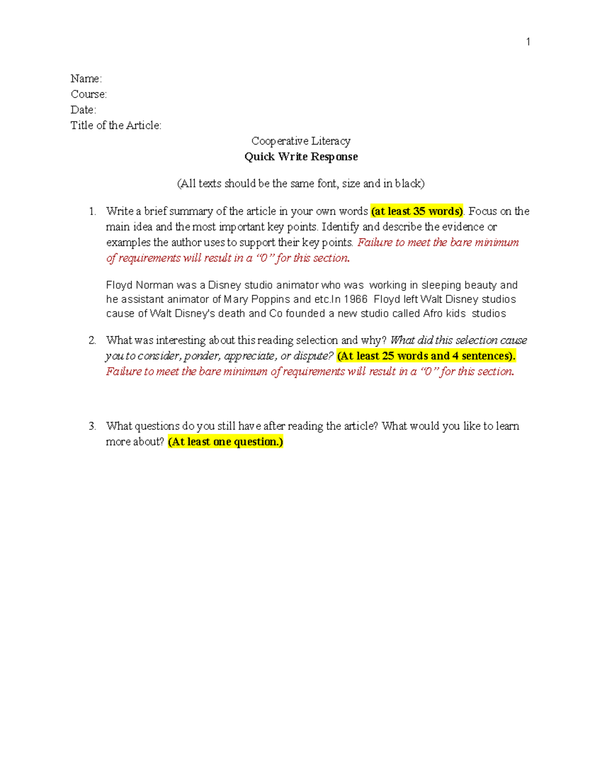 ENG 101: Cooperative Literacy Quick Write Response Summary & Analysis ...
