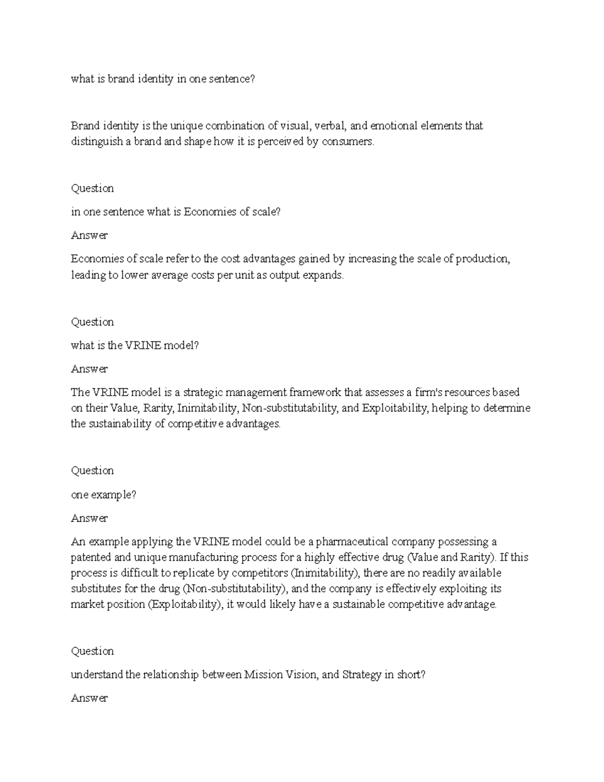 GM105 Exam Q&A: Brand Identity, VRINE Model & Competitive Strategy ...
