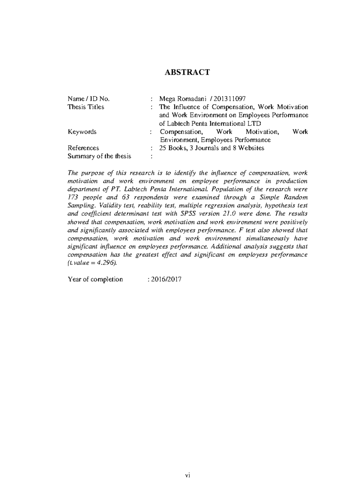 6. Abstract of Thesis on Employee Performance Influence Factors - Studocu