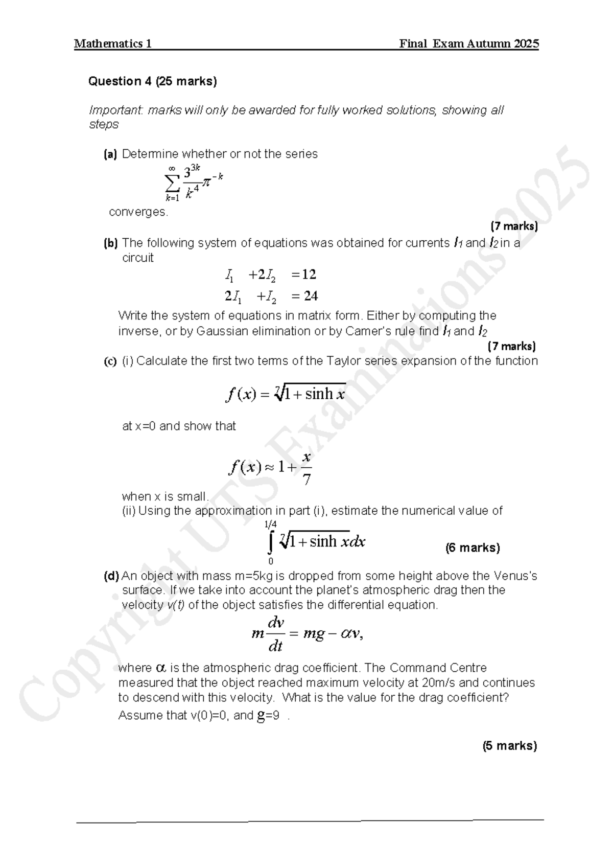 Mathematics 1 Final Exam Autumn 2025 - Question 4 Solutions - Studocu