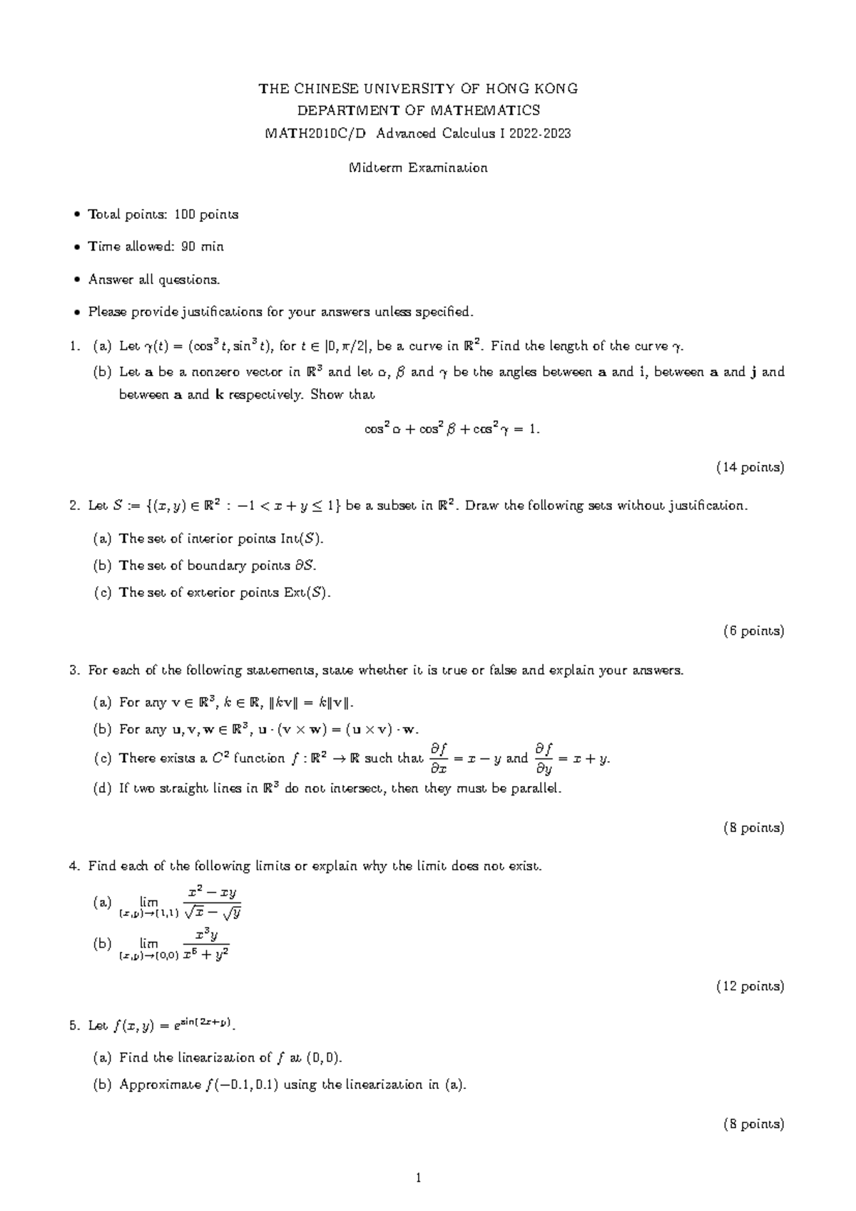 MATH2010C/D Advanced Calculus I Midterm Exam 2023/2024 - Studocu