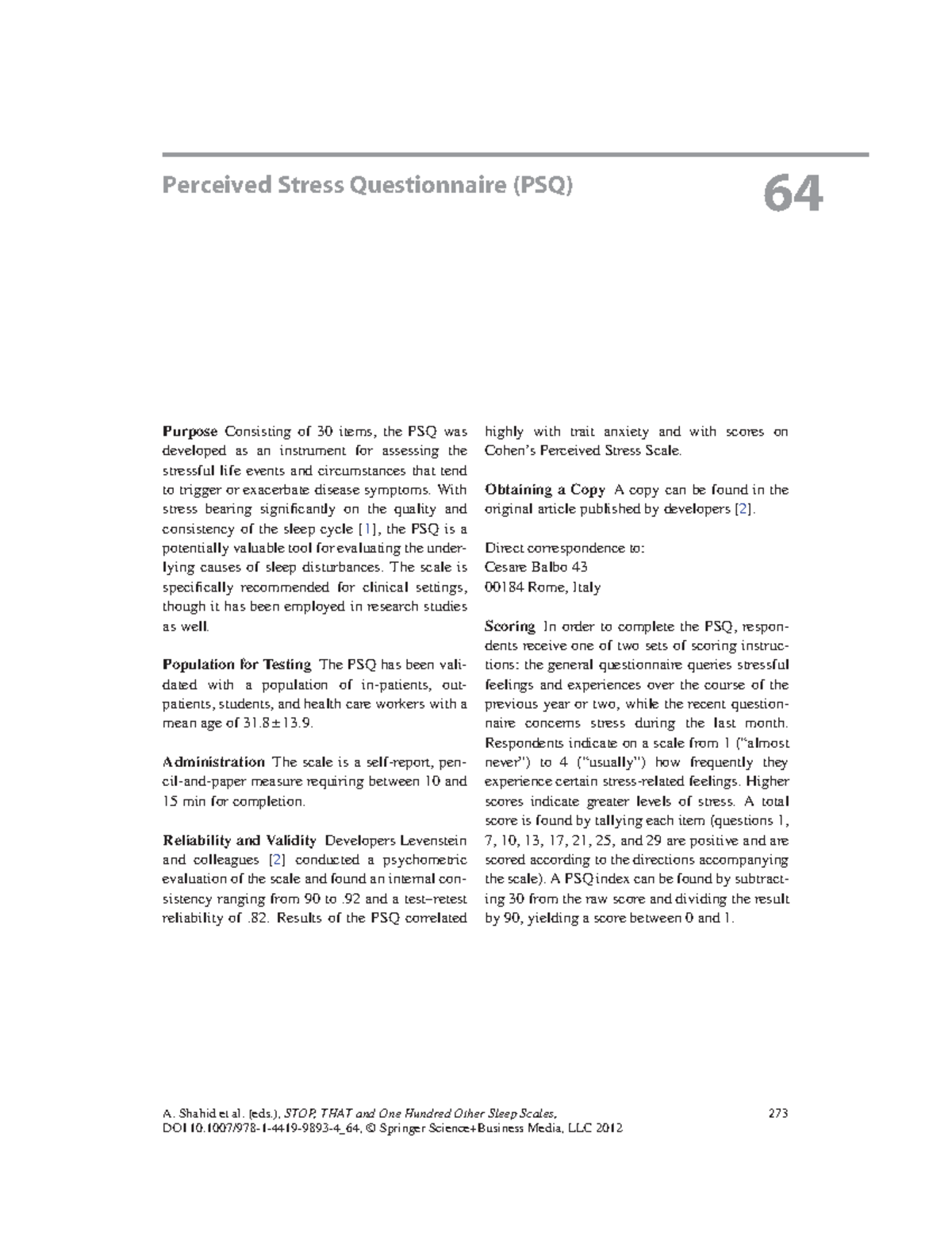 Perceived Stress Questionnaire (PSQ) Evaluation and Applications - Studocu
