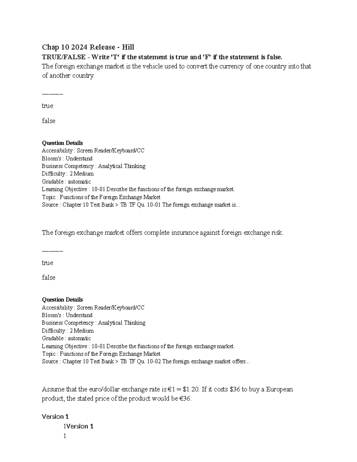 Chap 10 2024 Test Bank: Functions of the Foreign Exchange Market - Studocu