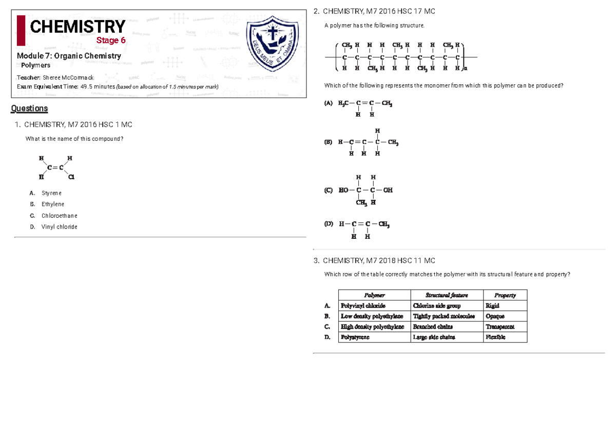 Polymers Q - Additional & Condensation Polymerisation, CHEMISTRY M7 HSC ...