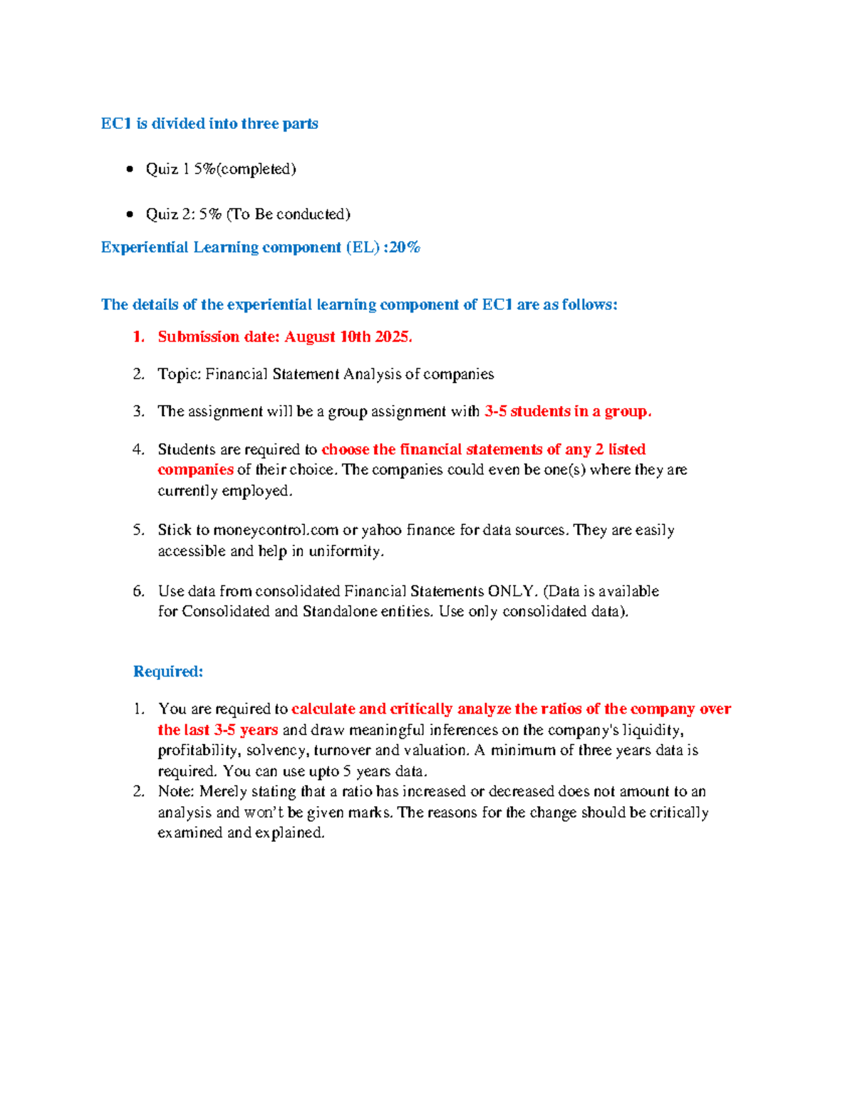 EC1 Financial Statement Analysis Group Assignment EL1-2025 - Studocu