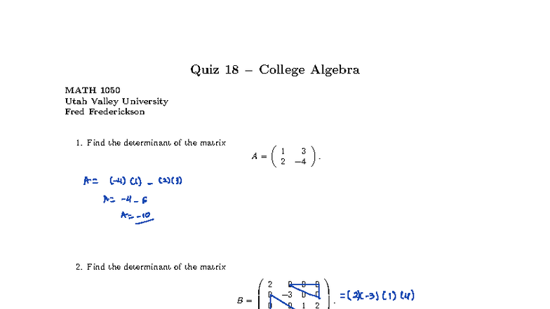 Quiz+18 - ecuations quadratic - Quiz 18 College Algebra MATH 1050 Utah ...