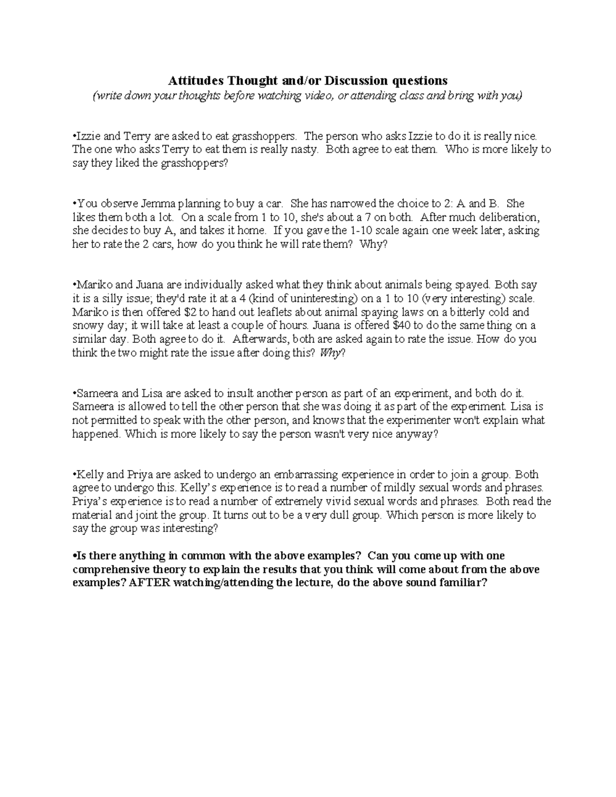 Attitudes Discussion Questions Handout - Outline for Class - Studocu