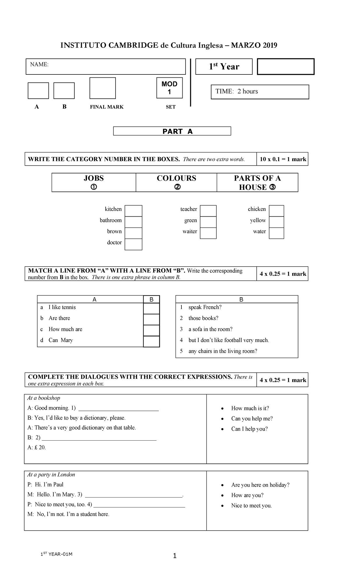 APRI-01 - First Year English Exam Practice - March 2019 - Document Preview