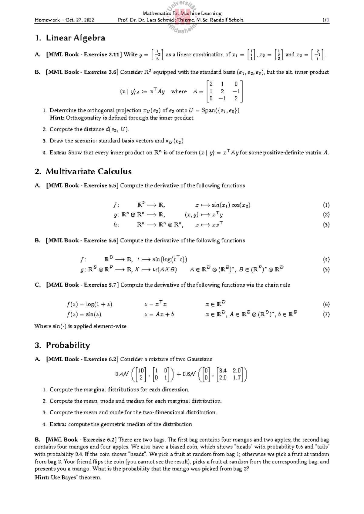 Mathematics for Machine Learning - Homework Solutions (Oct. 27, 2022 ...