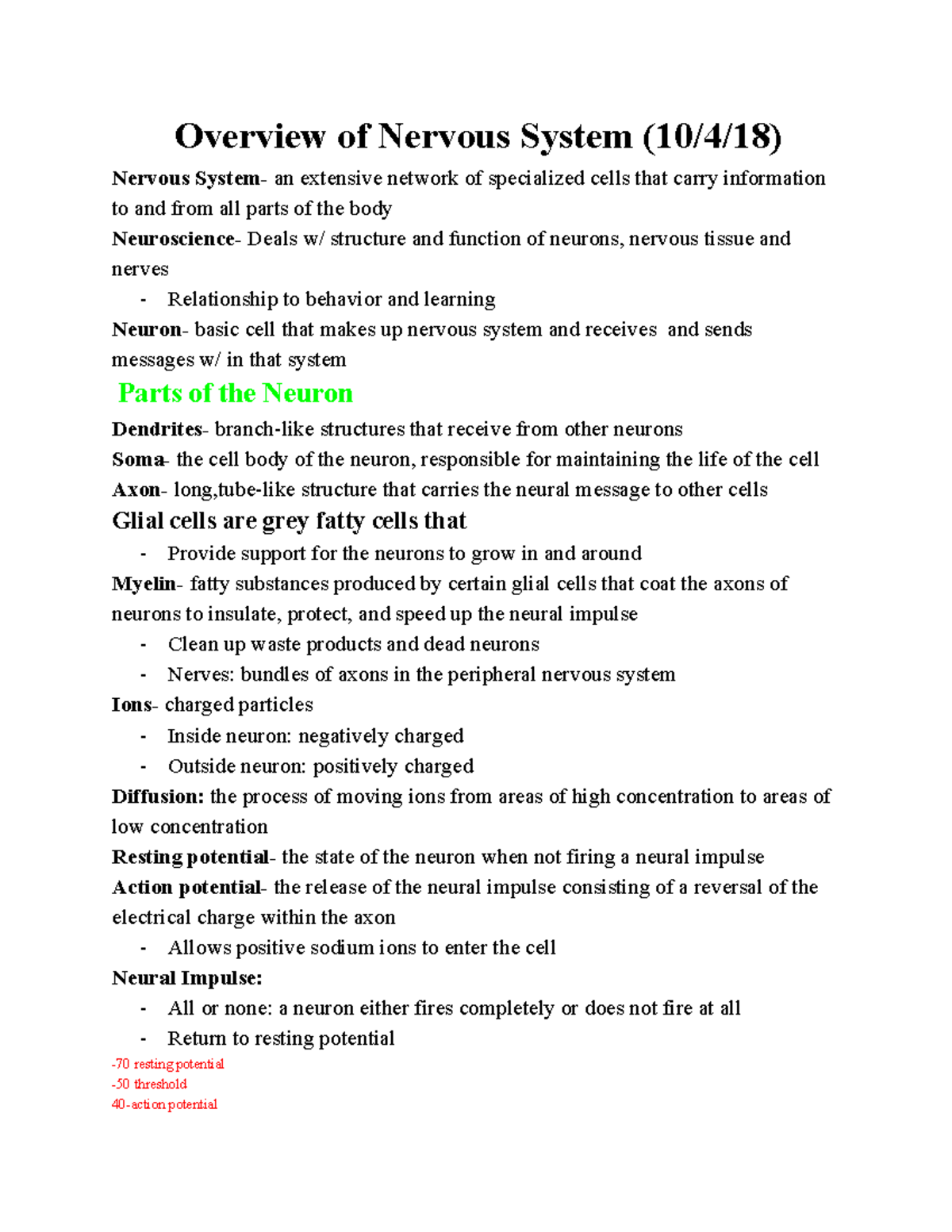 Nervous System Overview Notes (PSY 101: Intro to Neuroscience) - Studocu
