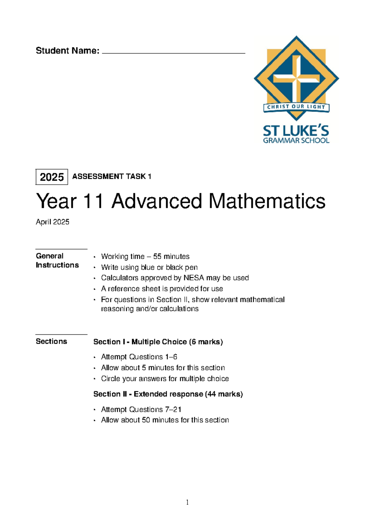2025 Y11MA Assessment Task 1 - Advanced Mathematics Guide - Studocu