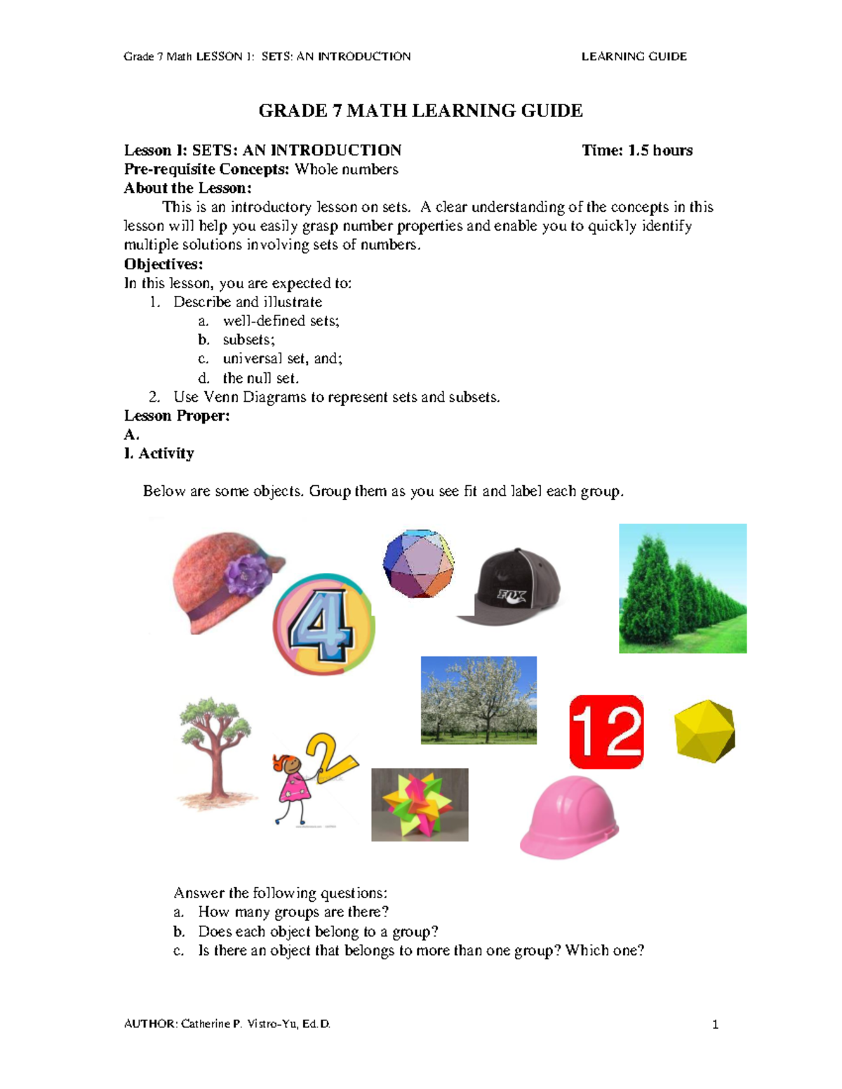 Grade 7 Math Lesson 1: Introduction to Sets Learning Guide - Studocu