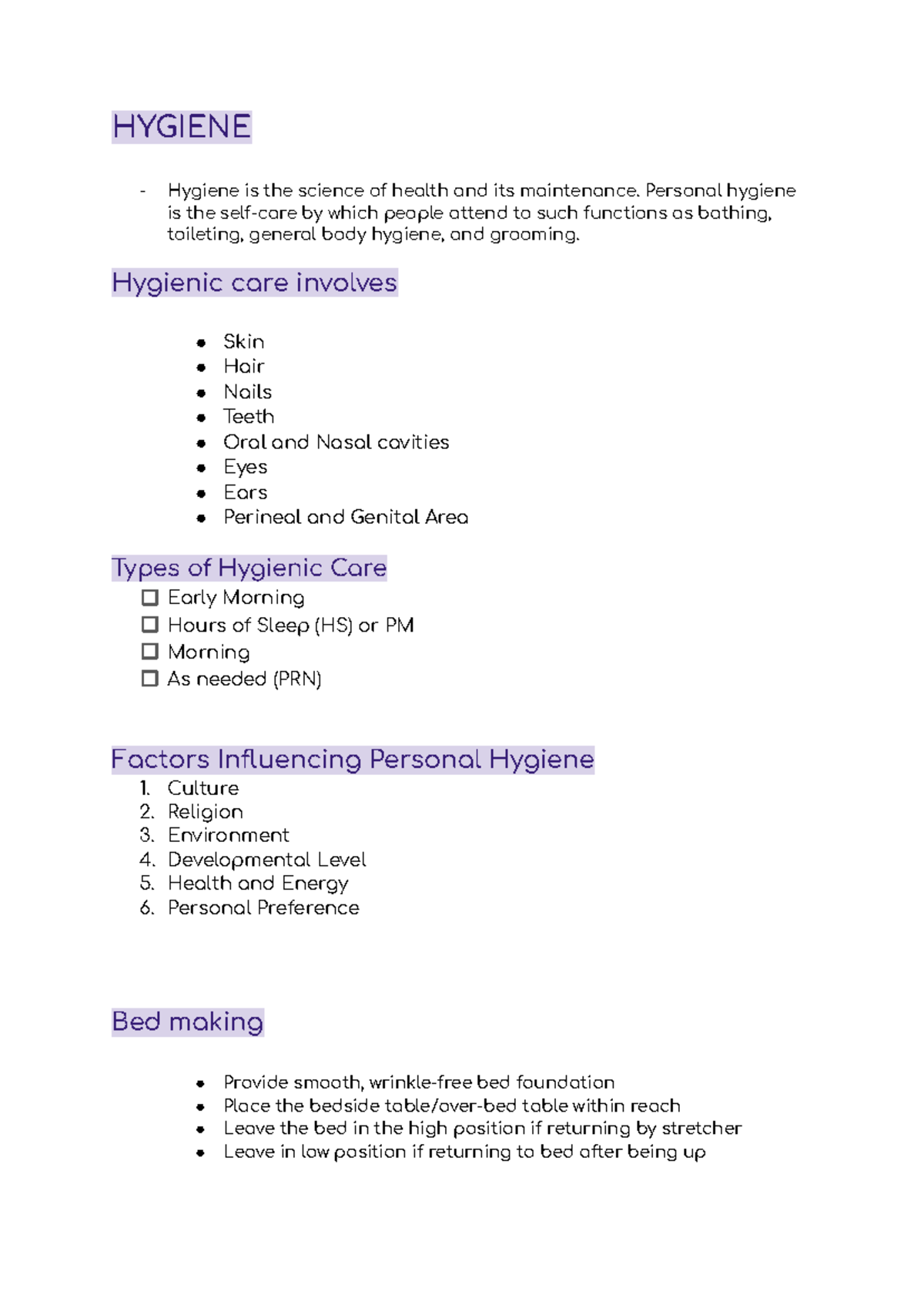 Hygiene Fundamentals - Nursing LEC 2nd Sem Study Guide - Studocu