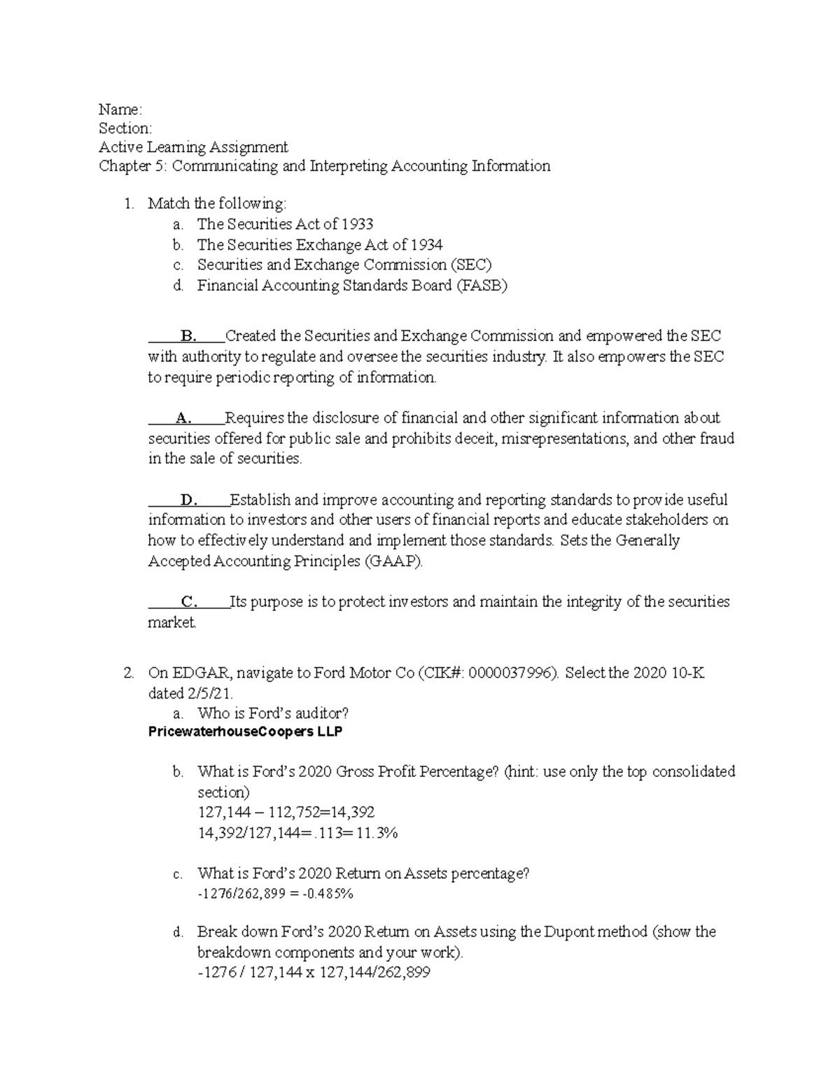 Chapter 5 Active Learning Assignment - Name: Section: Active Learning ...