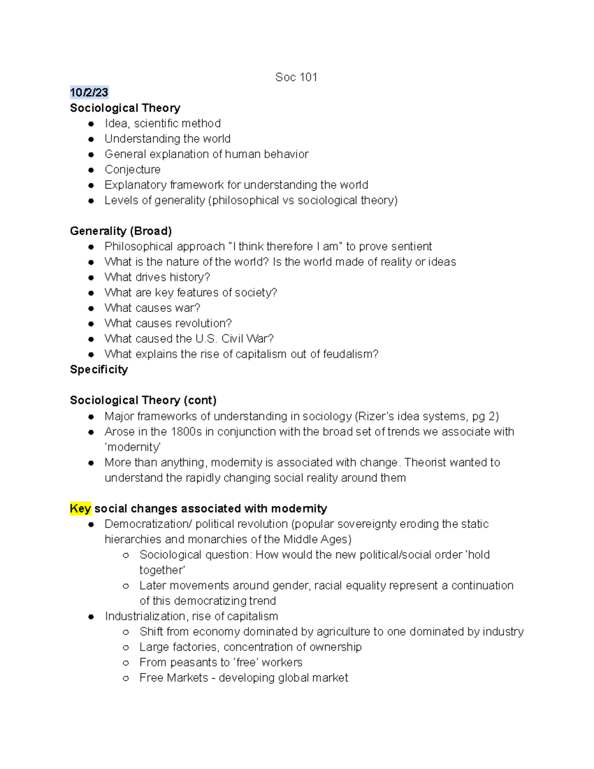 Soc 101 - Sociological Theories and Modernity Overview - Studocu