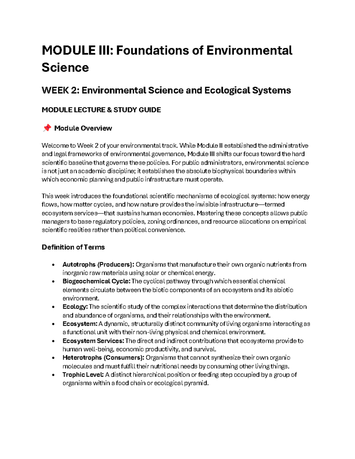MODULE PS 101: Week 2 Lecture Study Guide on Ecology and Ecosystems ...