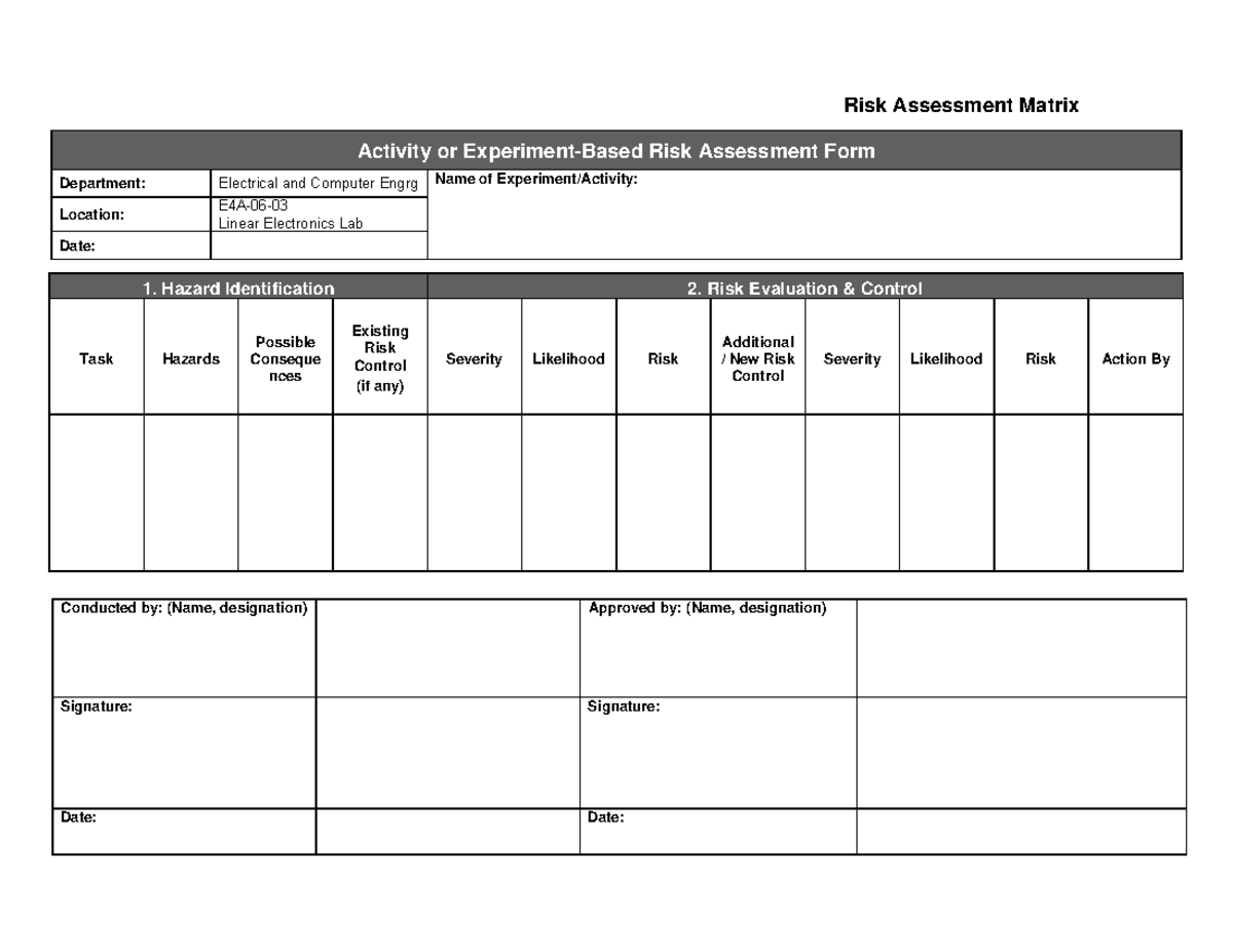 Risk Assessment Matrix Activity - ECE Department - Studocu