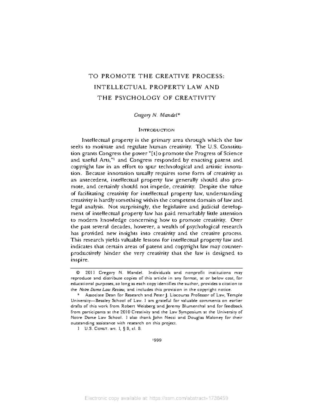 IP Law & the Psychology of Creativity: Promoting the Creative Process ...